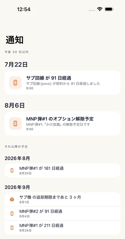 モバ管の通知予定の画面